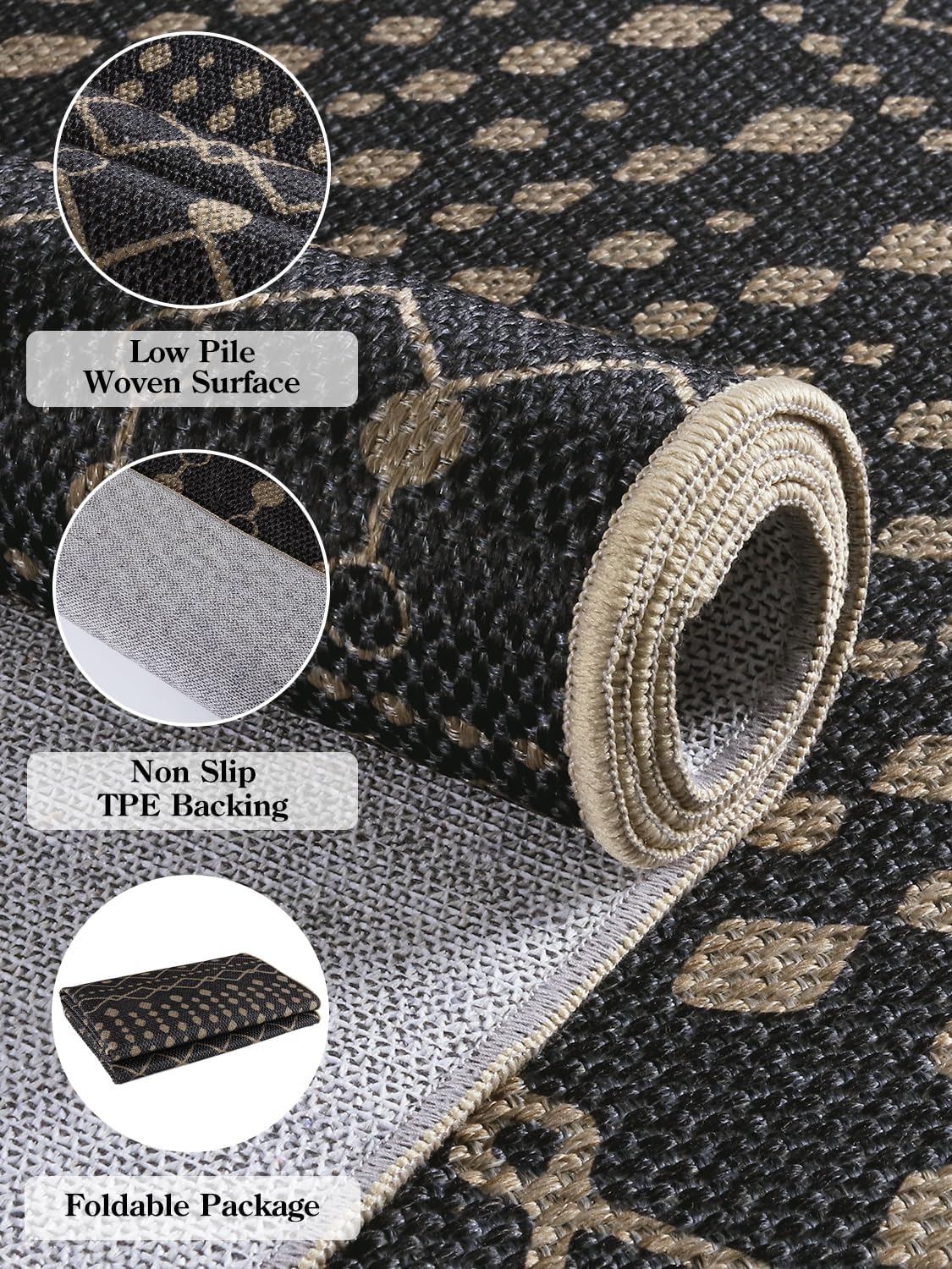 Alfombra de yute tribal de 5 x 7 pulgadas, Negro Lahome