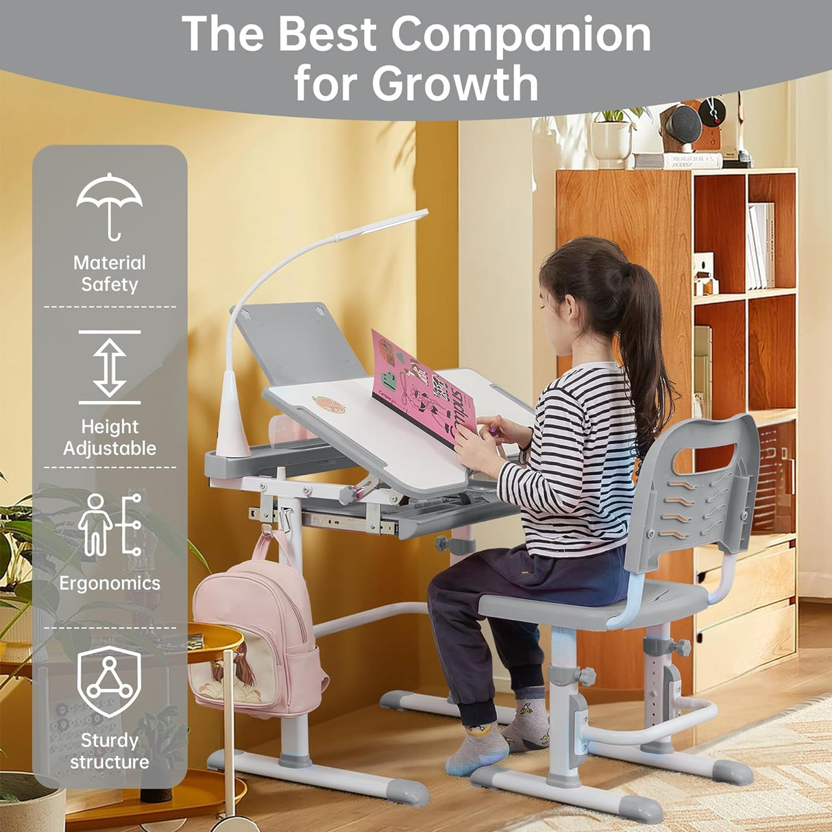Escritorio y silla ajustables en altura para niños, modelo escolar