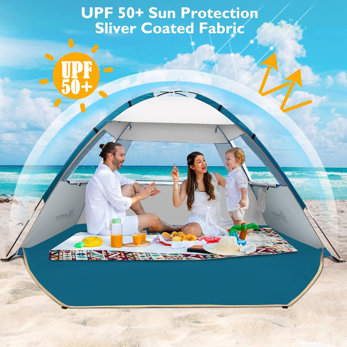 Tienda de playa con protección solar UPF 50+, fácil de llevar