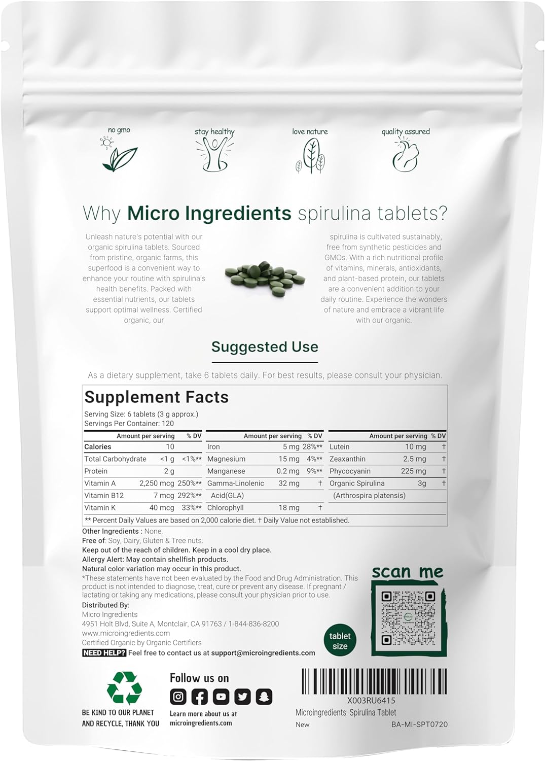 Suplemento orgánico de espirulina, 3000 mg por porción 720u