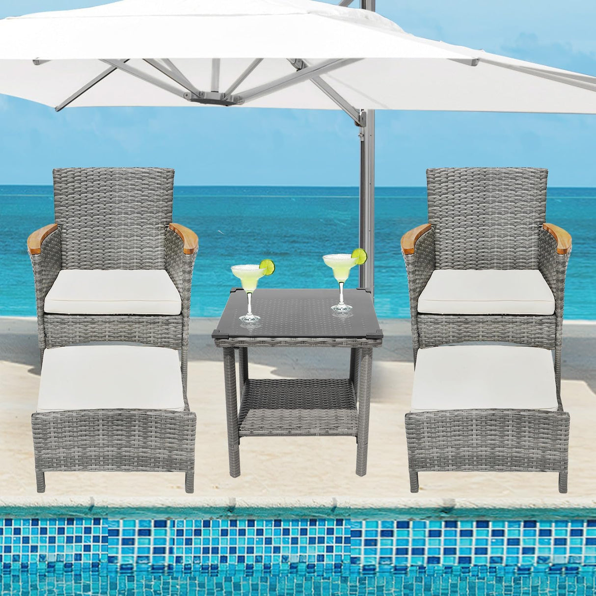 Juego de 5 muebles de patio al aire libre con mesa y otomana de ratán de polietileno para exteriores, juego de 2 sillas de jardín para exteriores, juegos de conversación para porche, balcón, piscina y terraza