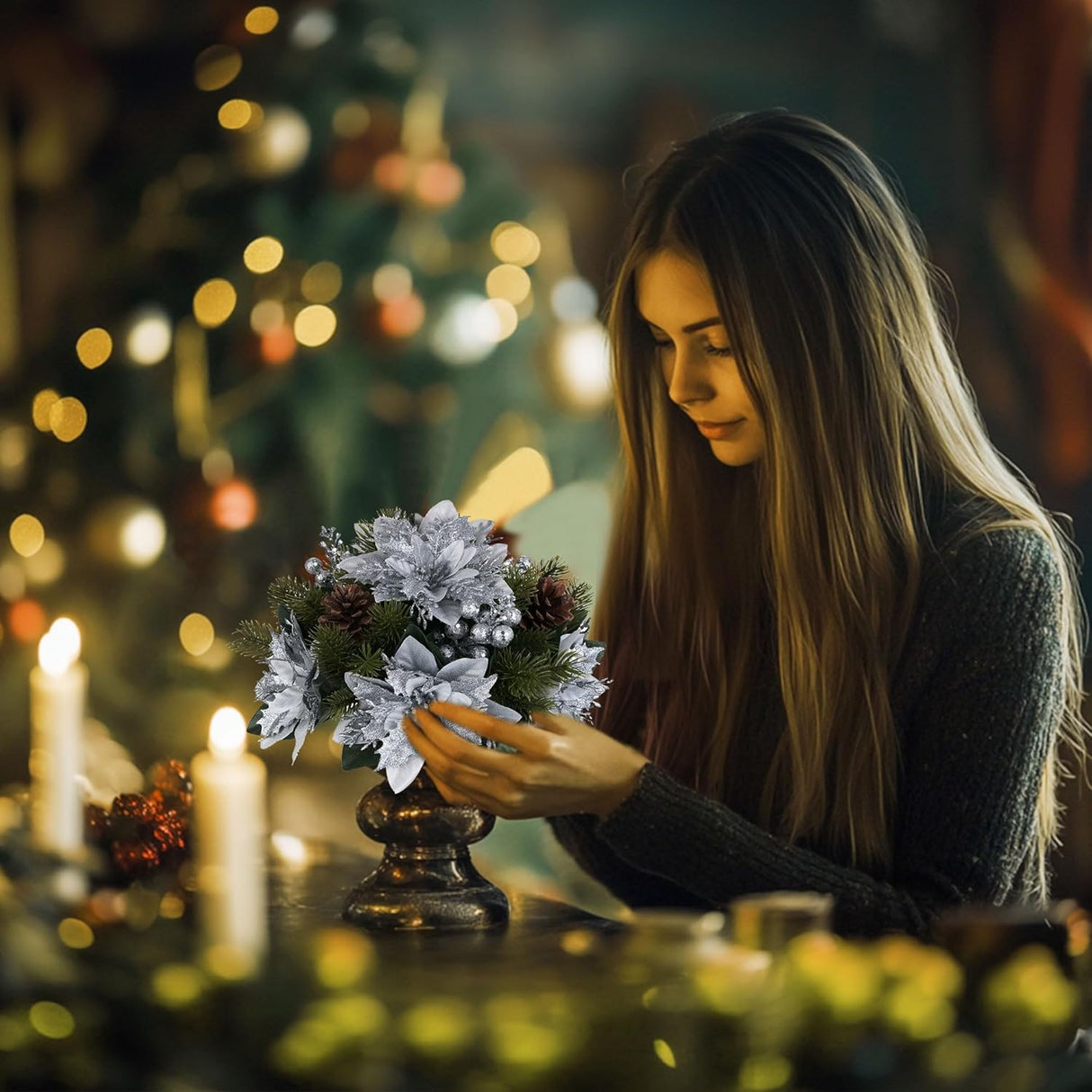 Flores Navideñas Artificiales BLOSMON 6 Pcs Poinsettias Glitter