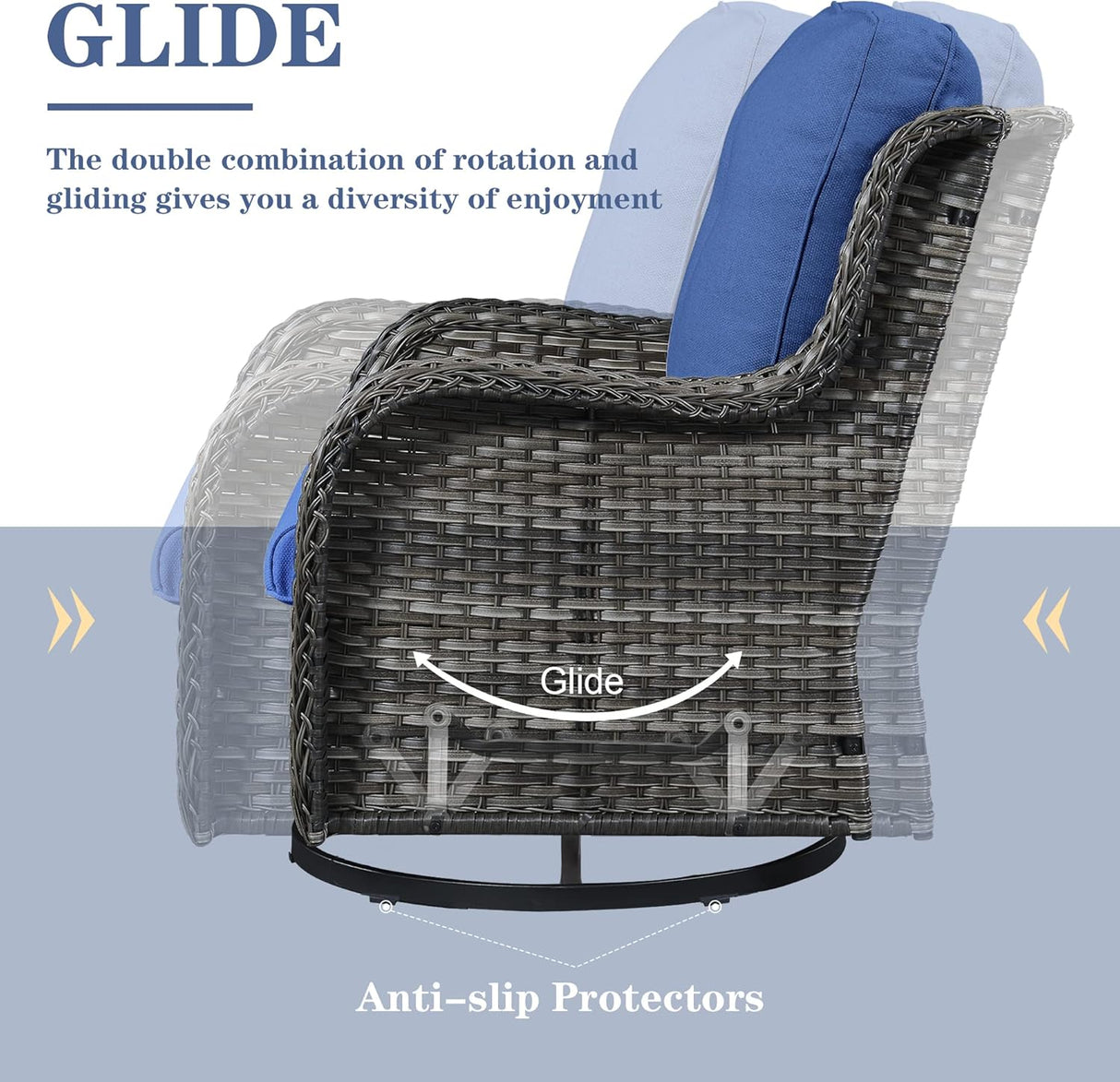 Belord Juego de muebles de patio al aire libre de 5 piezas, muebles de mimbre para conversación, sillas mecedoras giratorias para exteriores con sofá biplaza y 2 otomanas para espacios pequeños, cojín azul