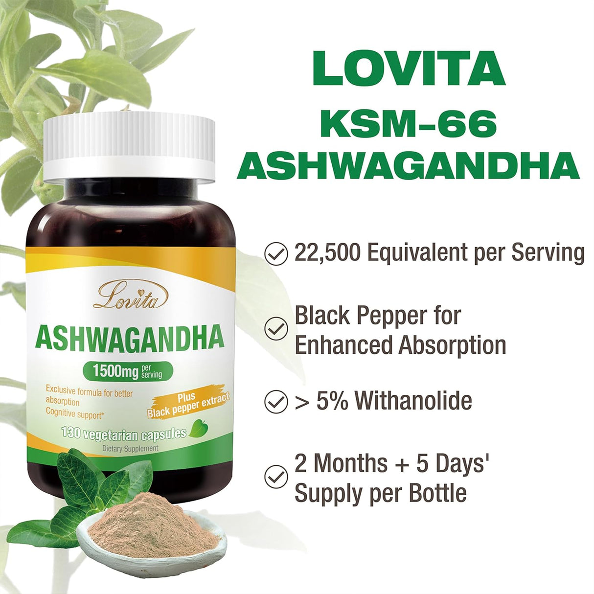 KSM-66 Ashwagandha Lovita | 22,500mg | 130 Cápsulas