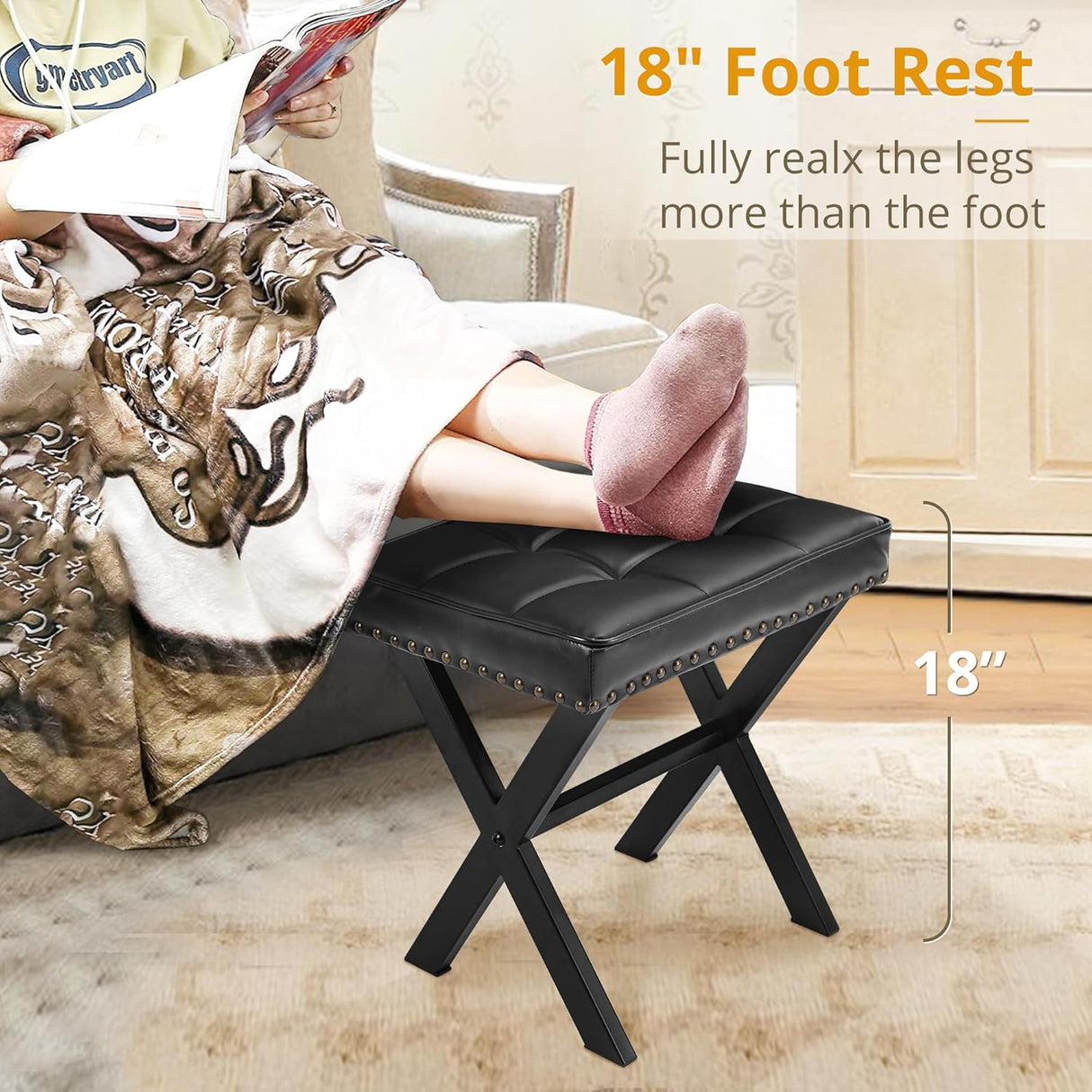 Taburete de Maquillaje Cuadrado de Cuero Sintético con Patas X