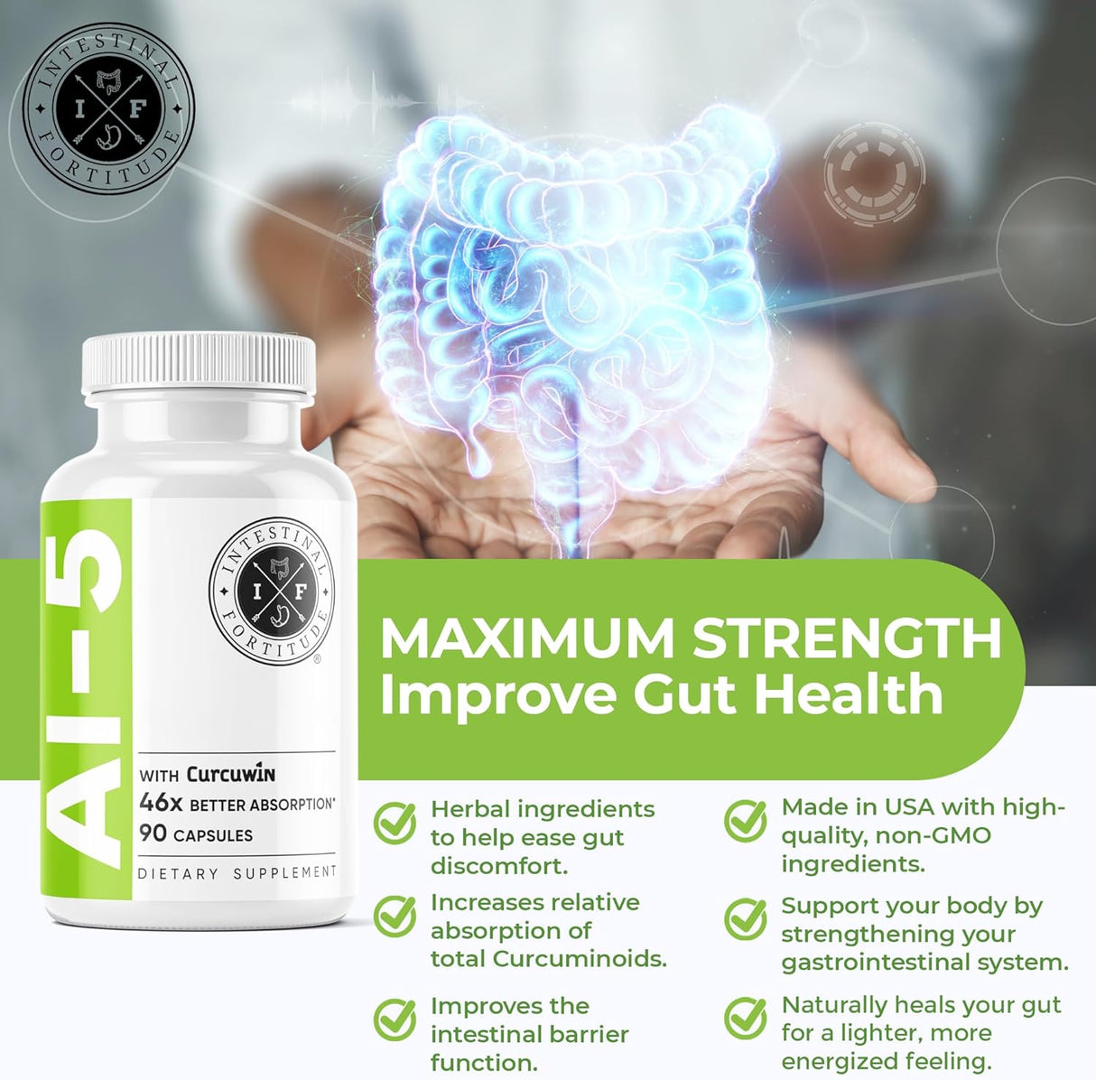 Suplemento Digestivo Intestinal Fortitude AI-5, Sin GMO, Sin Lácteos