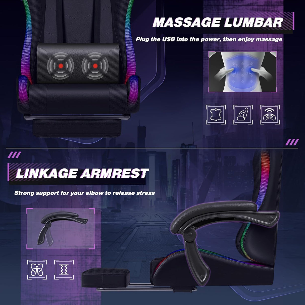 Silla de juegos ergonómica con reposapiés y soporte lumbar