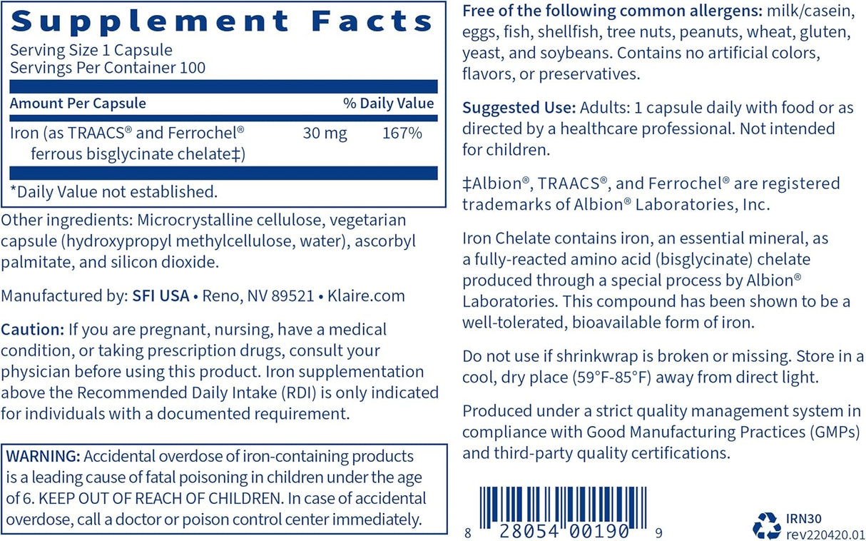 Suplemento de quelato de bisglicinato de hierro 30 mg 100un