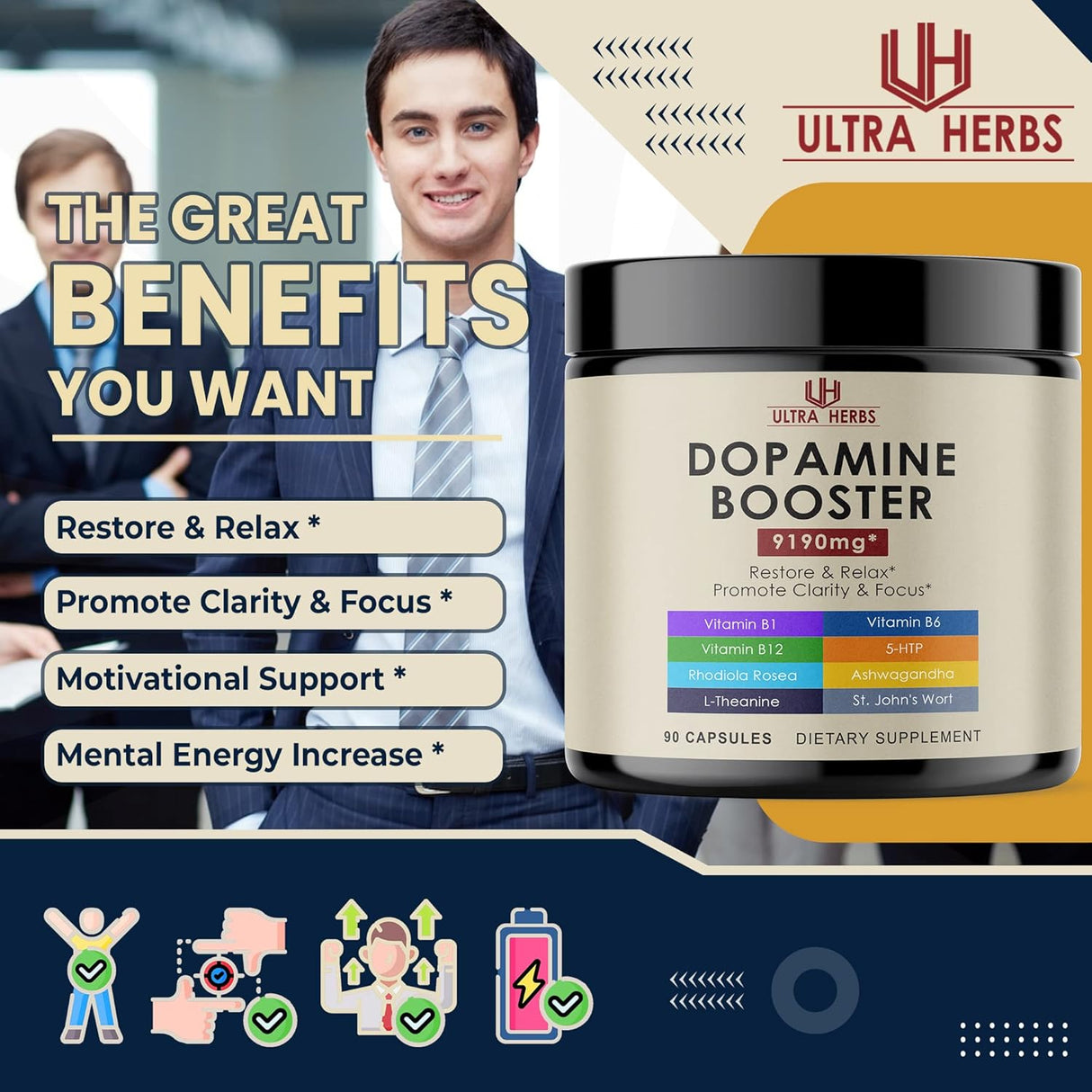 Suplemento de enfoque de dopamina Ashwagandha 5000mg 5-HTP