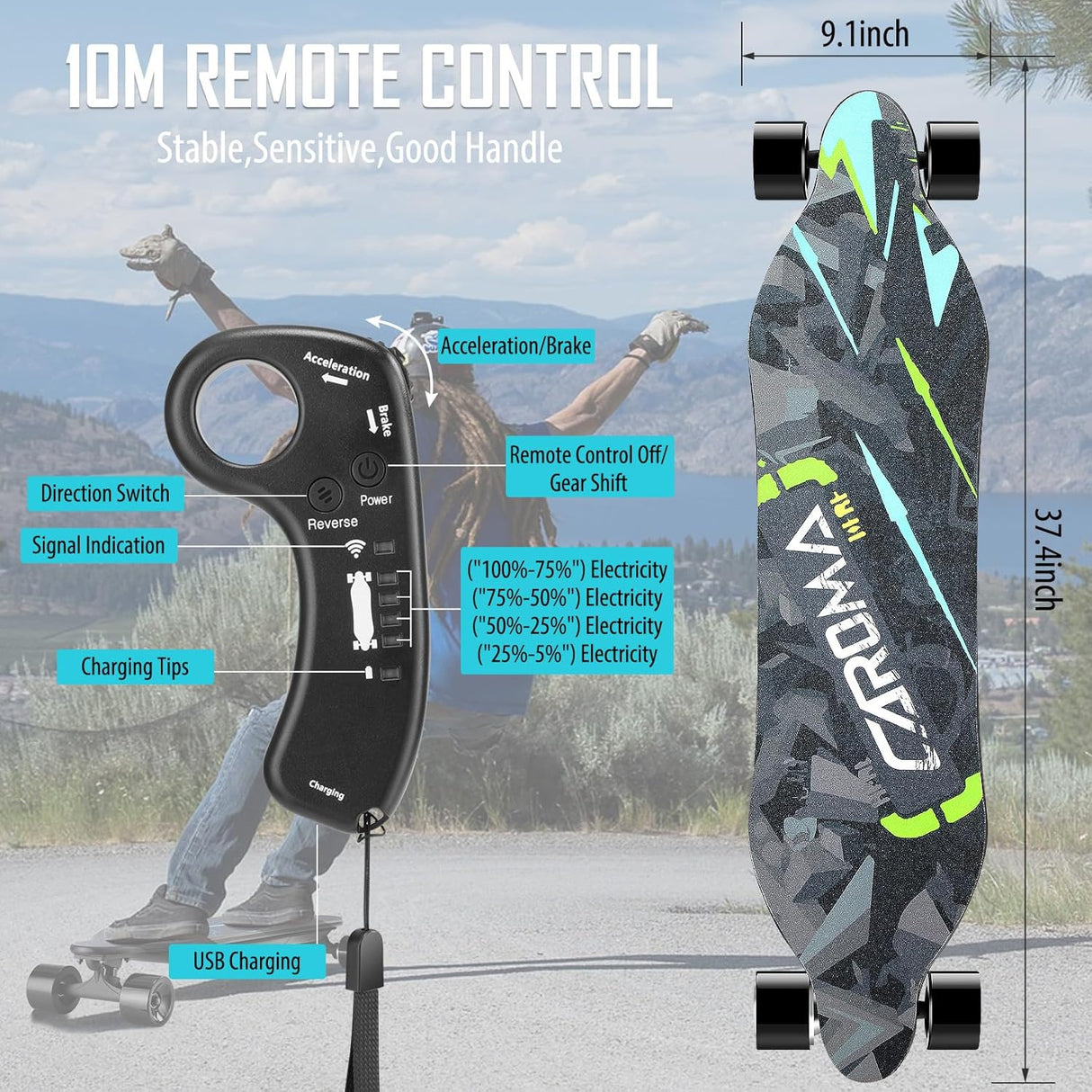 Skateboard eléctrico 350W-1200W, 12.4-28 MPH, 11-16 millas