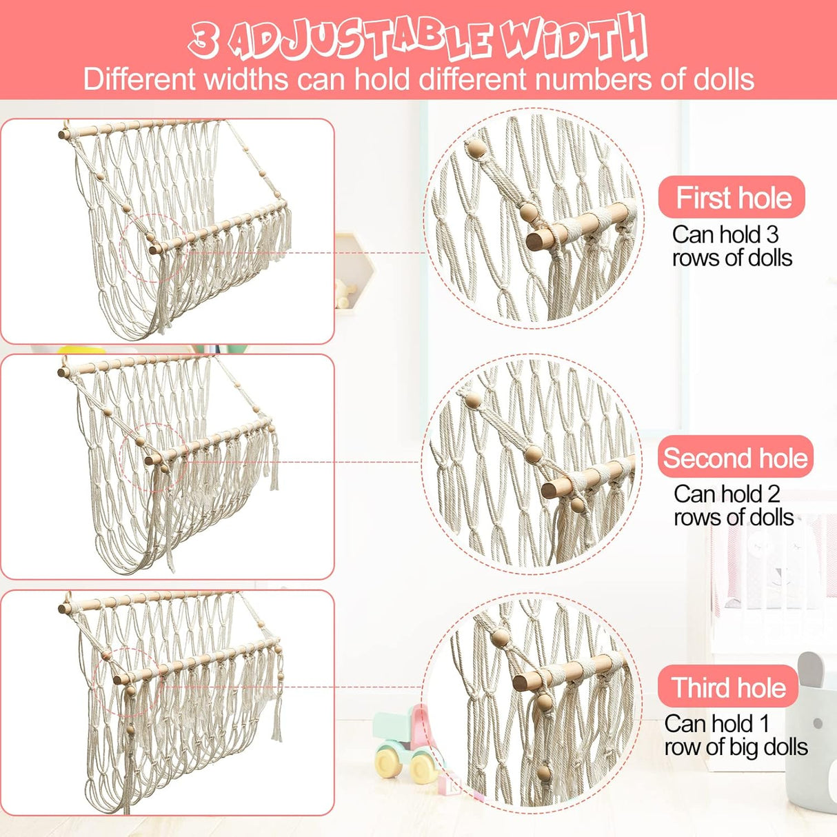 Hamaca para Peluches, Macrame, con Luz LED, 2 Pcs