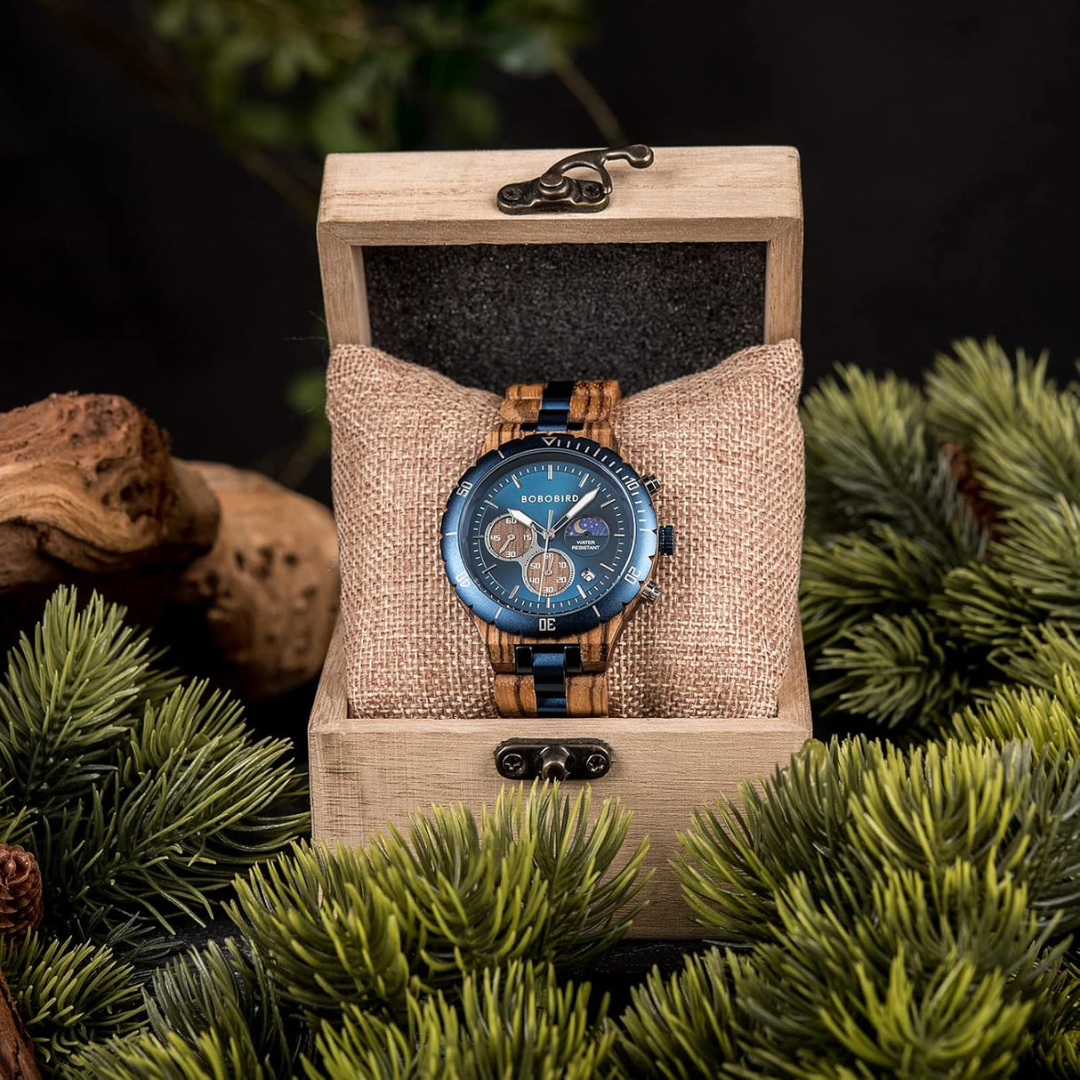 Reloj de madera de cuarzo para hombre acero inoxidable