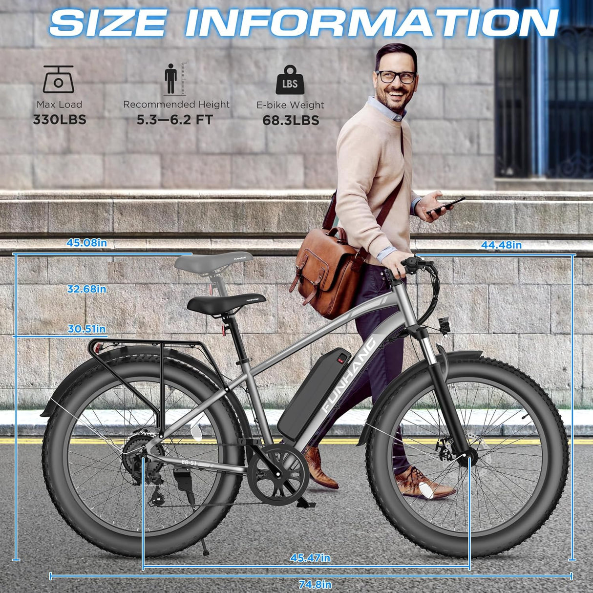 Bicicleta Eléctrica 750W, 25MPH, 60M, Suspensión, Modelo EBIKE