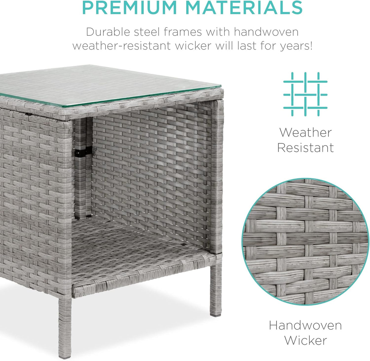 Best Choice Products Juego de 3 piezas de mimbre para exteriores, muebles de patio que ahorran espacio para patio, jardín con 2 sillas, 2 cojines, mesa de almacenamiento lateral, gris/negro