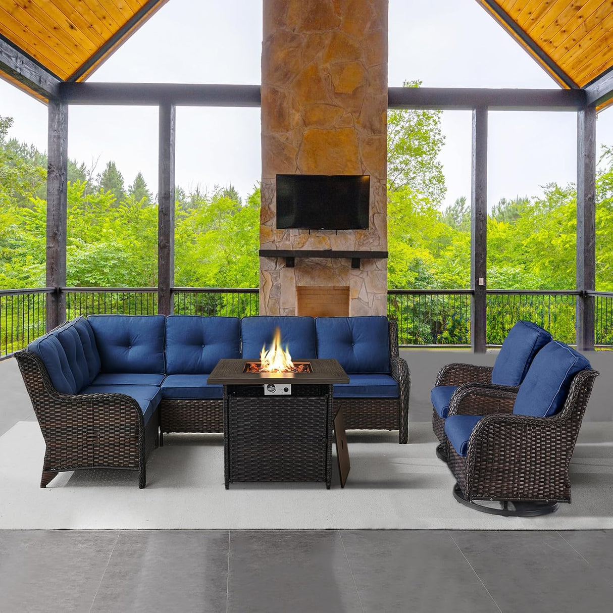 Belord Juego de muebles de sofá seccional para exteriores con mesa para fogata de propano, juego de conversación de mimbre para patio con 2 sillas giratorias mecedoras, cojín azul, perfecto para