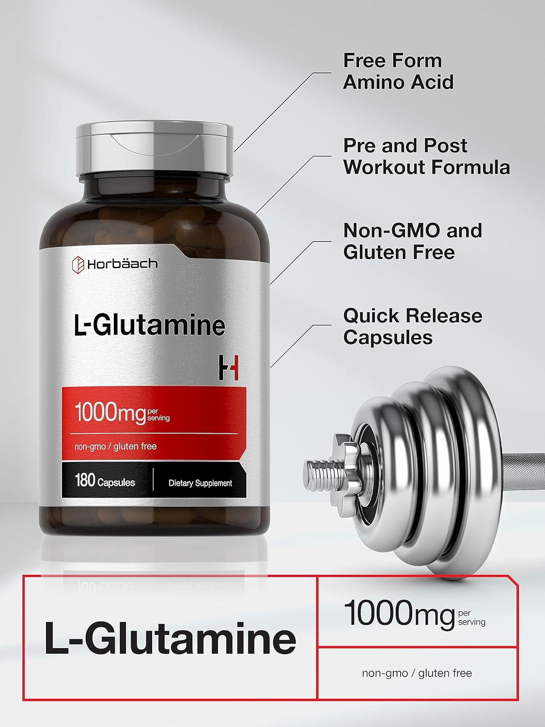Horbaach L Glutamina Cápsulas 1000mg Suplemento 180 cápsulas