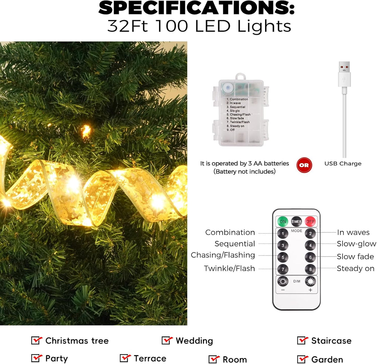 Decoraciones de Árbol de Navidad, 100 LED, Modos de Luz, USB
