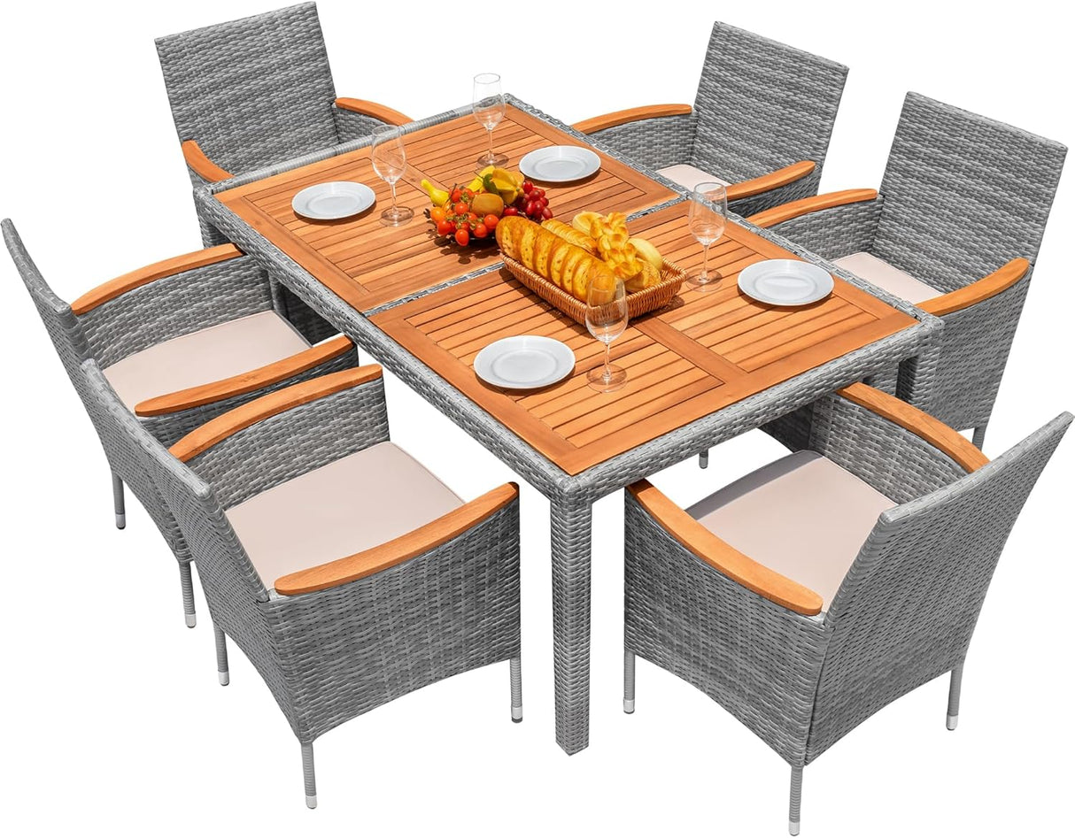 Flamaker Juego de comedor de patio de 7 piezas, mesa y sillas de madera de acacia para exteriores con cojines suaves, muebles de patio de mimbre para terraza, patio trasero, jardín (gris)
