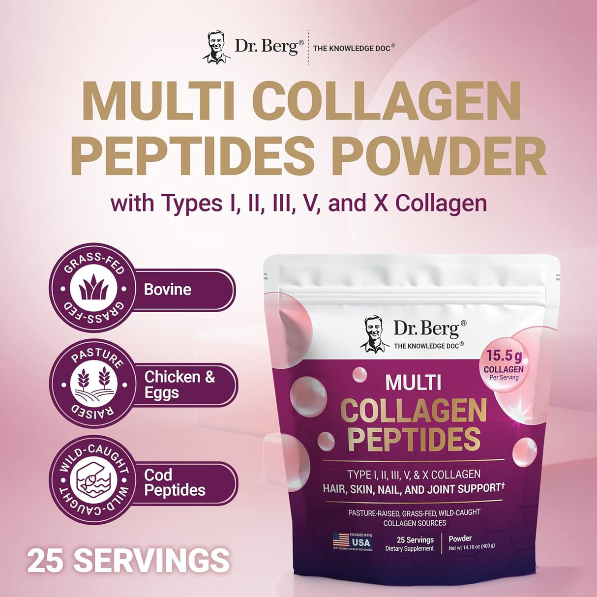 Colágeno en Polvo Dr. Berg Multi con 5 Tipos, 14g Proteínas