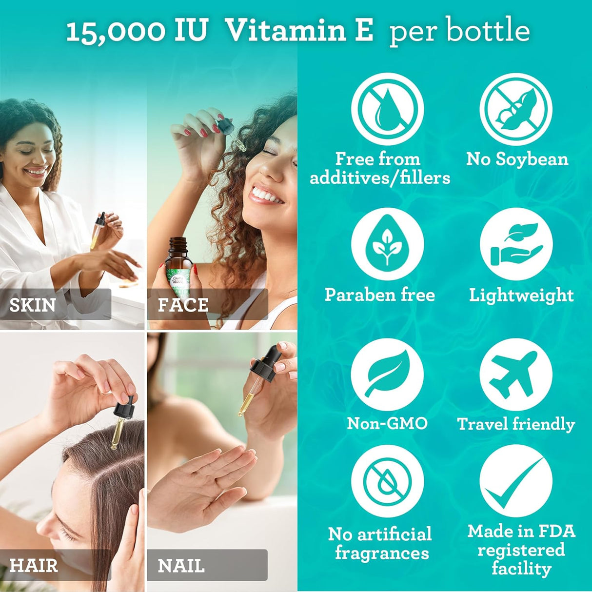 Aceite de Vitamina E 100% Puro, 15000 IU, con Aceite de Coco