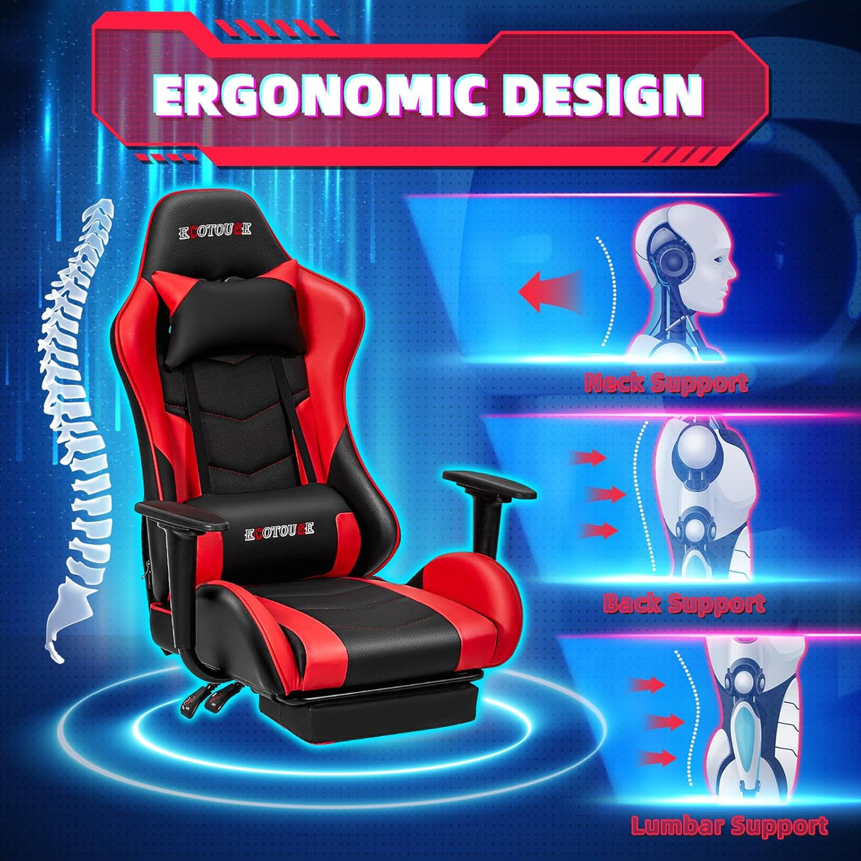 Silla Gamer con reposapiés y es reclinable roja ECOTOUGE