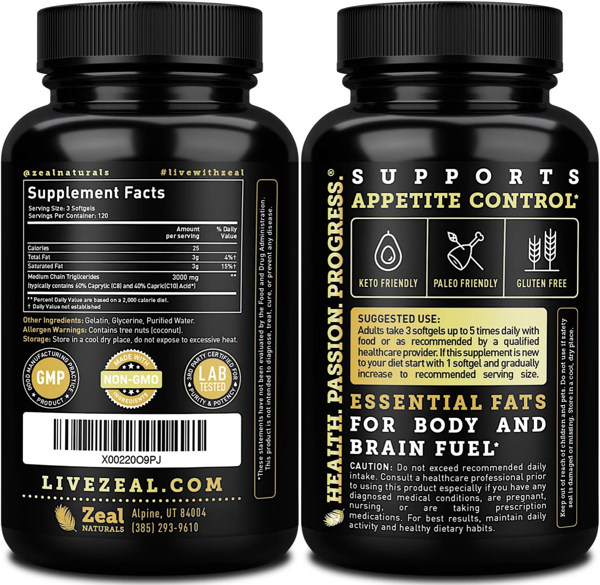 Suplemento de aceite MCT puro 360 cáp 3000 mg energía Keto