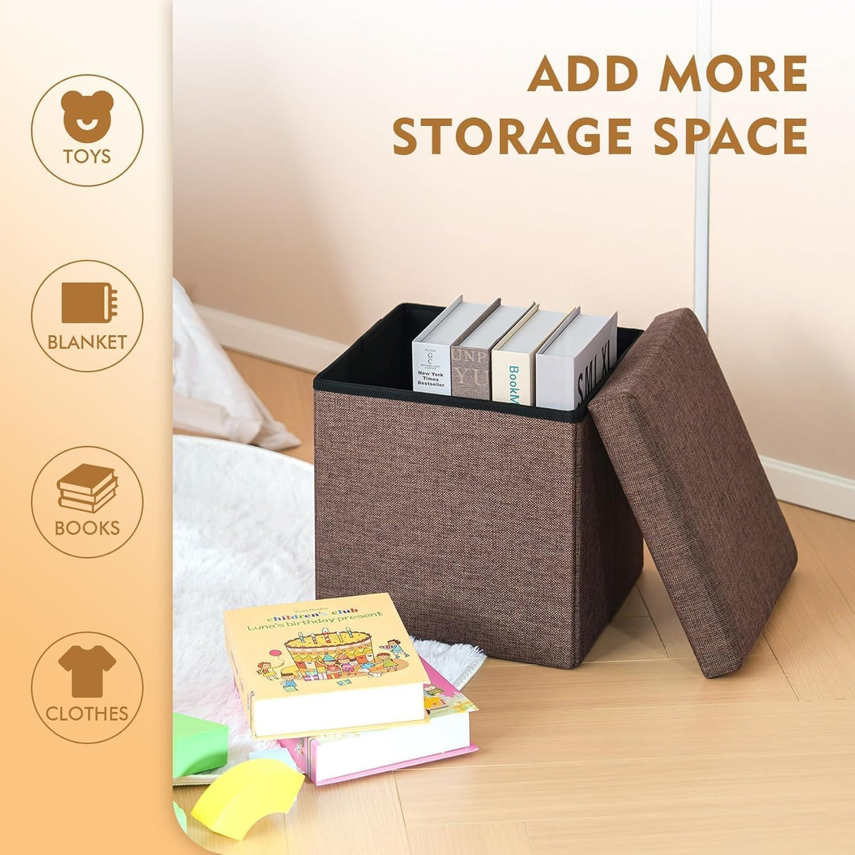 Otómano de almacenamiento cuadrado, lino, 11.8"x11.8"x11.8