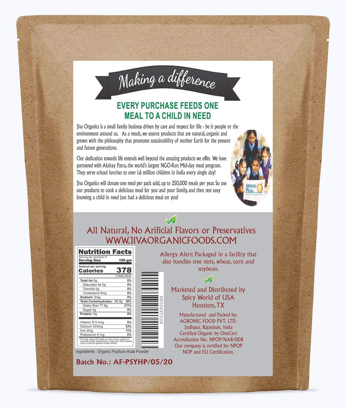 Psyllium Husk Powder 1.75 LB Jiva Organics, Sin Sabor, Keto