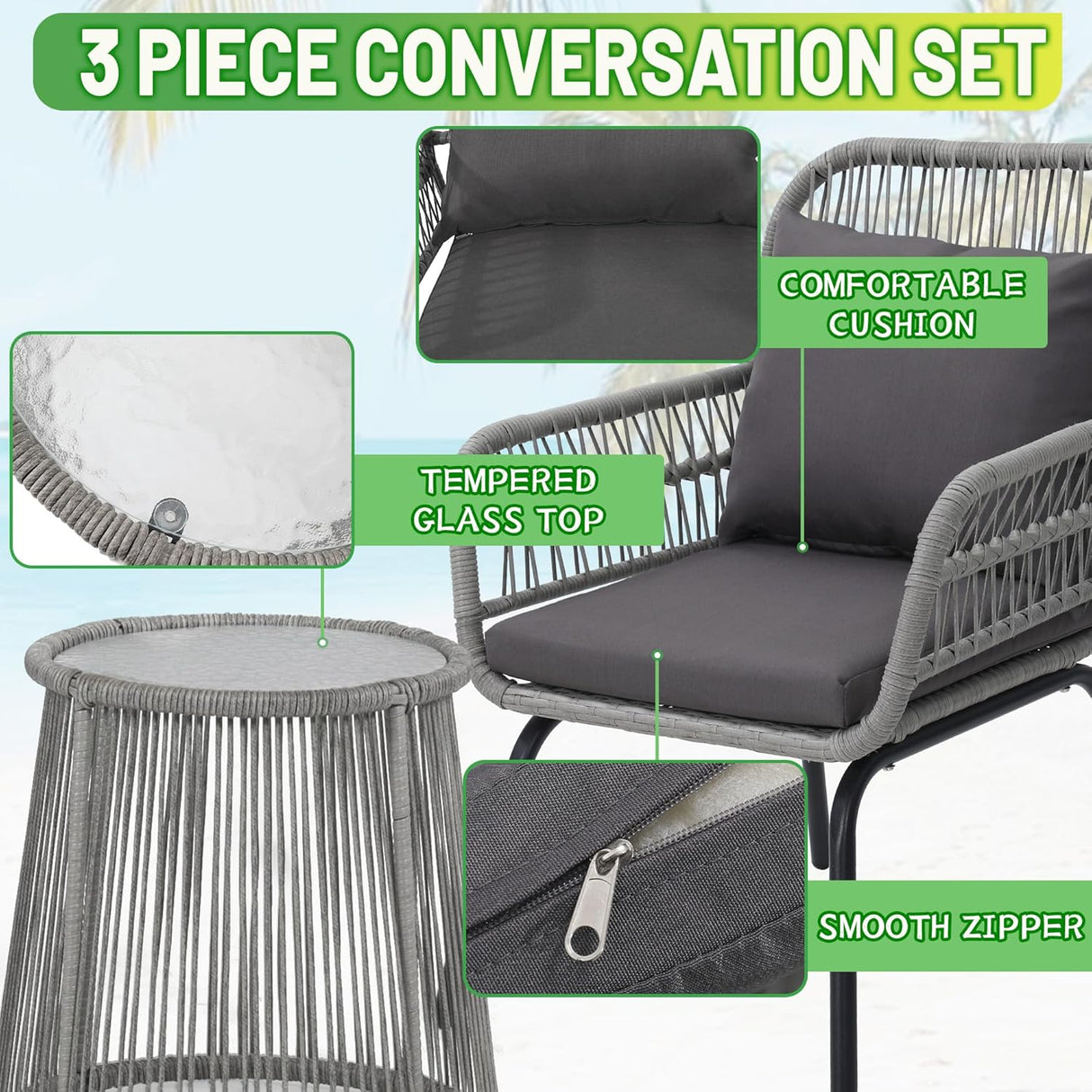 Wildformers Juego de 3 piezas de mimbre de mimbre, juego de conversación al aire libre, juego de muebles de mimbre con mesa superior de cristal, ahorro de espacio para balcón, patio trasero, gris