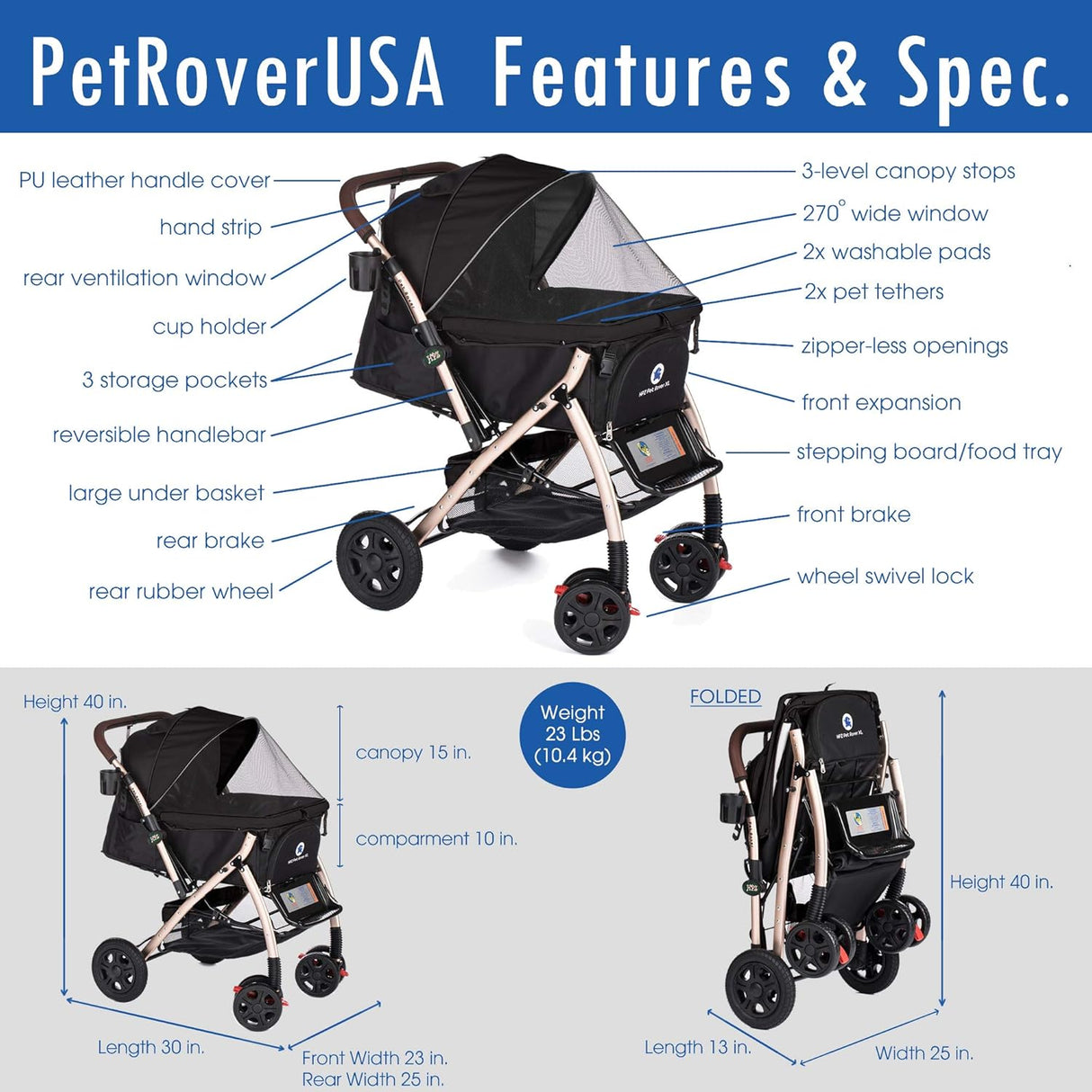 Carrito para mascotas HPZ Pet Rover, pesado, 2nd-Gen.