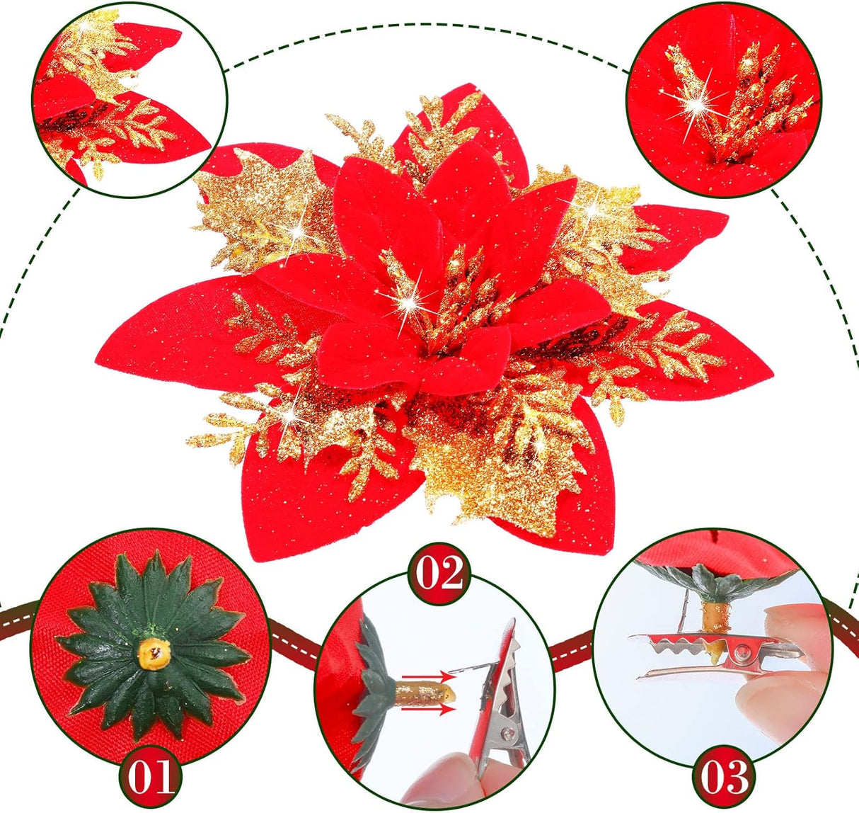 Flores Artificiales Poinsettia - 36 Piezas, Clips, 6-4-3 Pulgadas