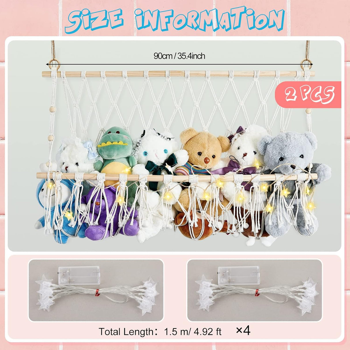 Hamaca para Peluches, Macrame, con Luz LED, 2 Pcs