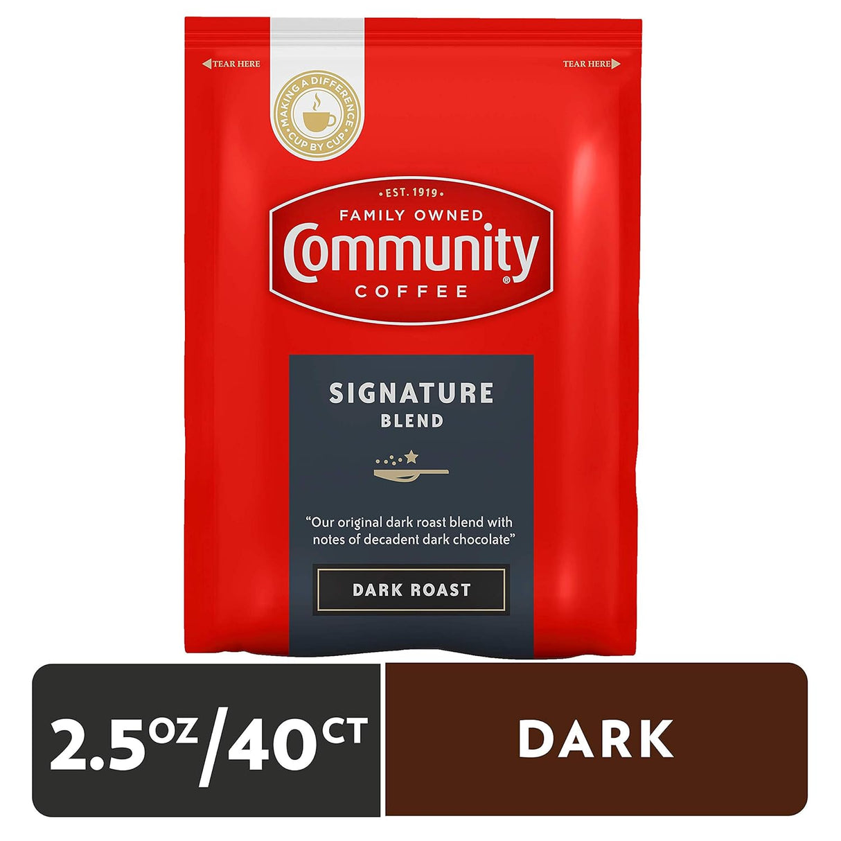 Community Coffee Signature Blend, paquetes de café premedido de tostado oscuro, bolsa de 2.5 onzas (caja de 40)