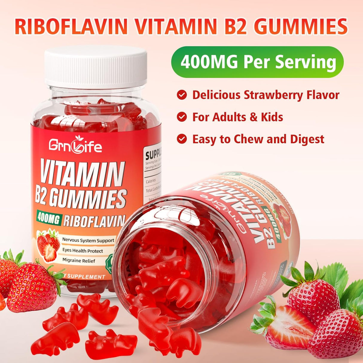 Gomitas Vitamina B2 Riboflavina 400mg con Magnesio, 60u