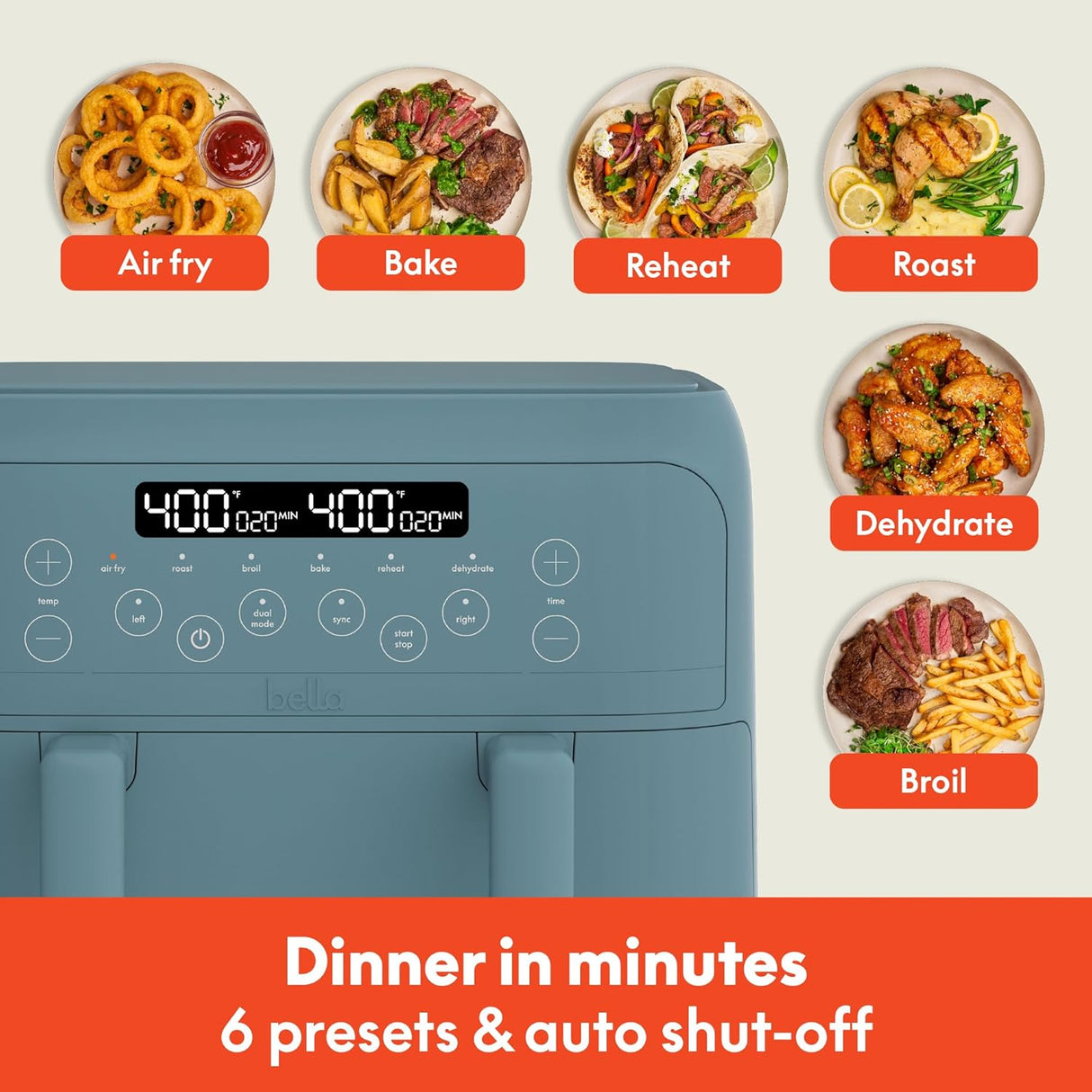 Freidora de aire Bella 4 Qt, 1200W, 2 canastas, TriZone