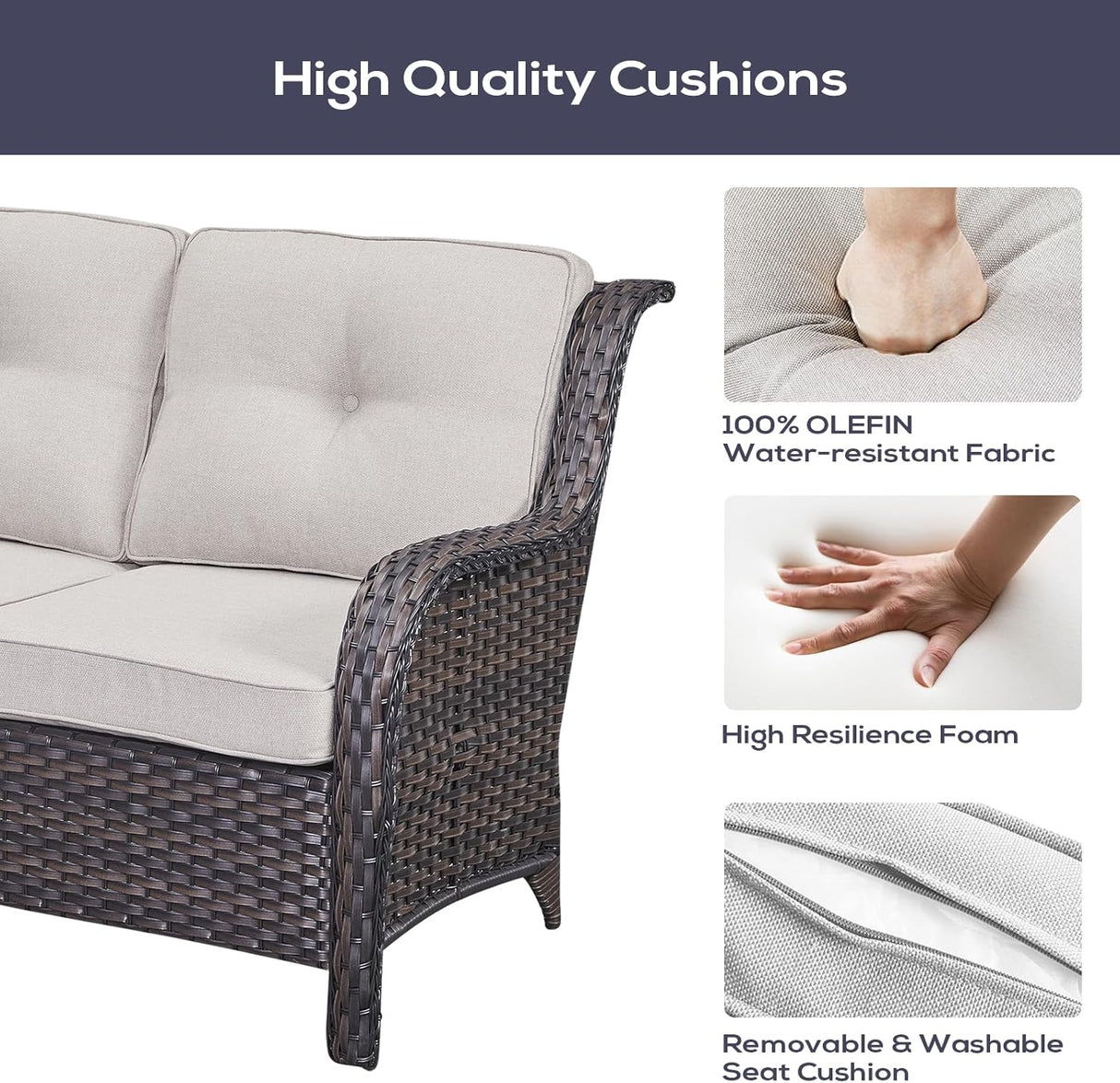 Belord Juego de muebles de patio al aire libre con mesa para fogata de propano, juego de conversación de mimbre de 7 piezas con 2 sillas giratorias mecedoras deslizantes, sofá de ratán, cojín beige,