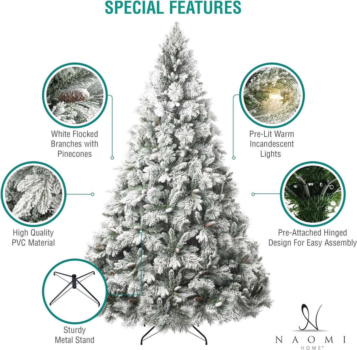 Árbol de Navidad nevado de 7.5ft con luces y piñas, modelo 1556