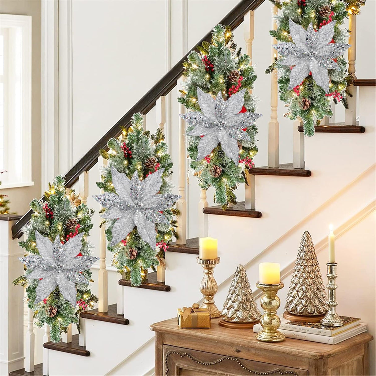 Flores Artificiales Briful 12'' Poinsettia para Decoración Navidad