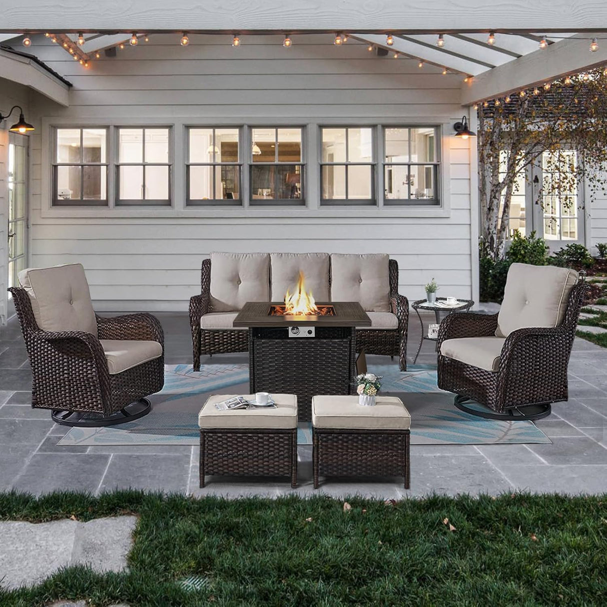 Belord Juego de muebles de patio al aire libre con mesa para fogata de propano, juego de conversación de mimbre de 7 piezas con 2 sillas giratorias mecedoras deslizantes, sofá de ratán, cojín beige,