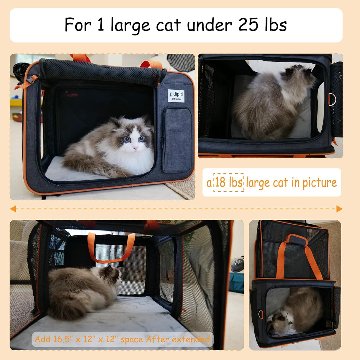 Transportín Expandible para Mascotas, 20x14x14, Viaje Corto/ Largo