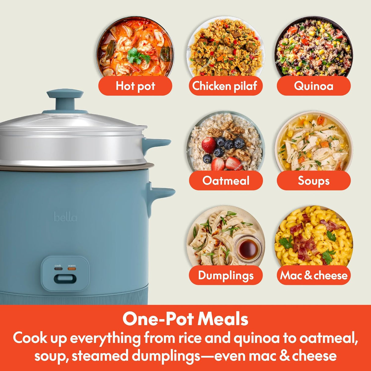 Arrocera Bella de 16 Tazas, Cesta Vaporera, 400W, Modelo Surf