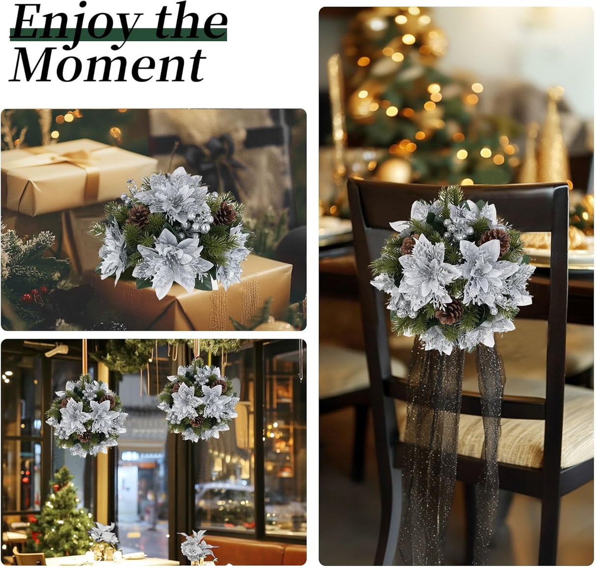 Flores Navideñas Artificiales BLOSMON 6 Pcs Poinsettias Glitter