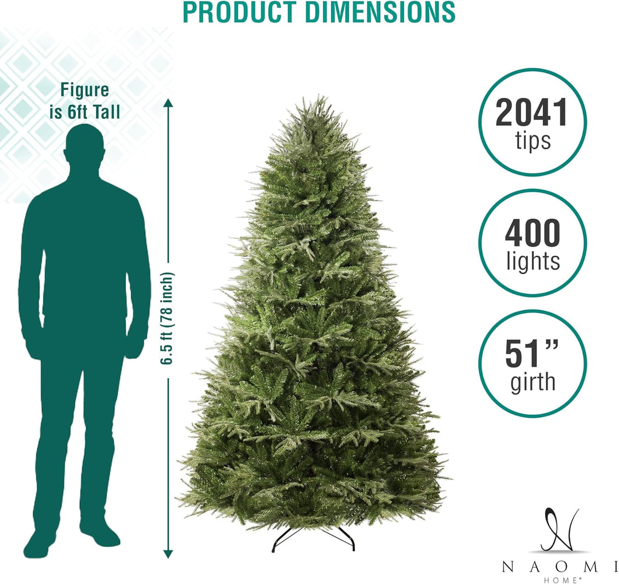 Árbol de Navidad 6.5ft Naomi Home, luces, 2041 ramas, preiluminado