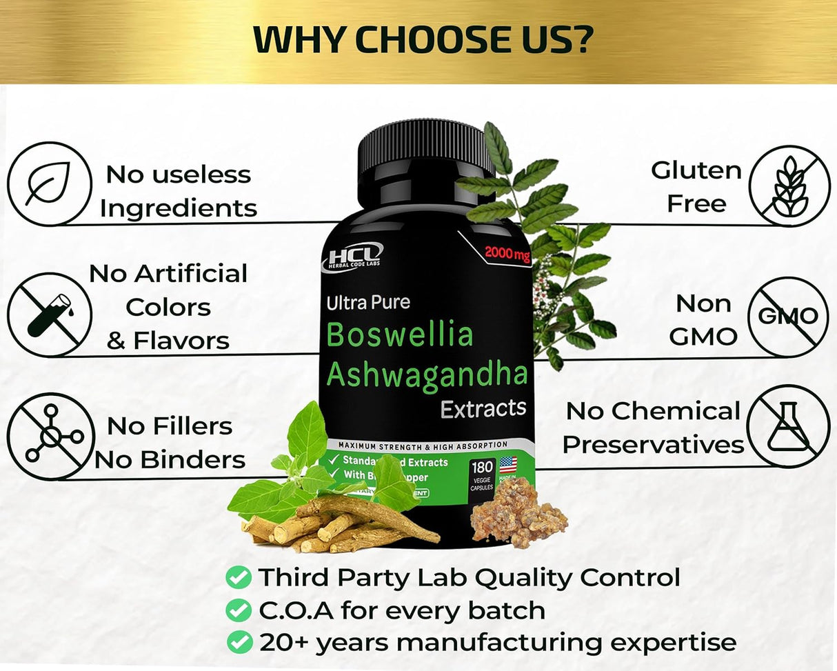Cápsulas Extracto Boswellia y Ashwagandha Orgánica 2000 mg