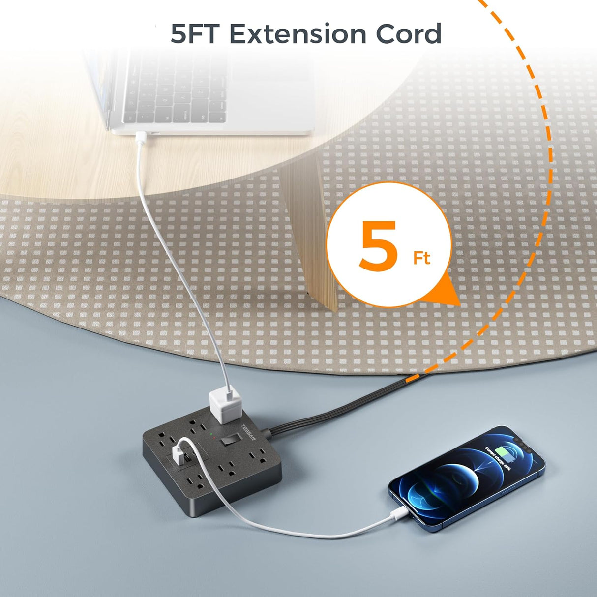 TESSAN – Regleta de alimentación con USB, cable de extensión con 6 salidas ampliamente espaciadas