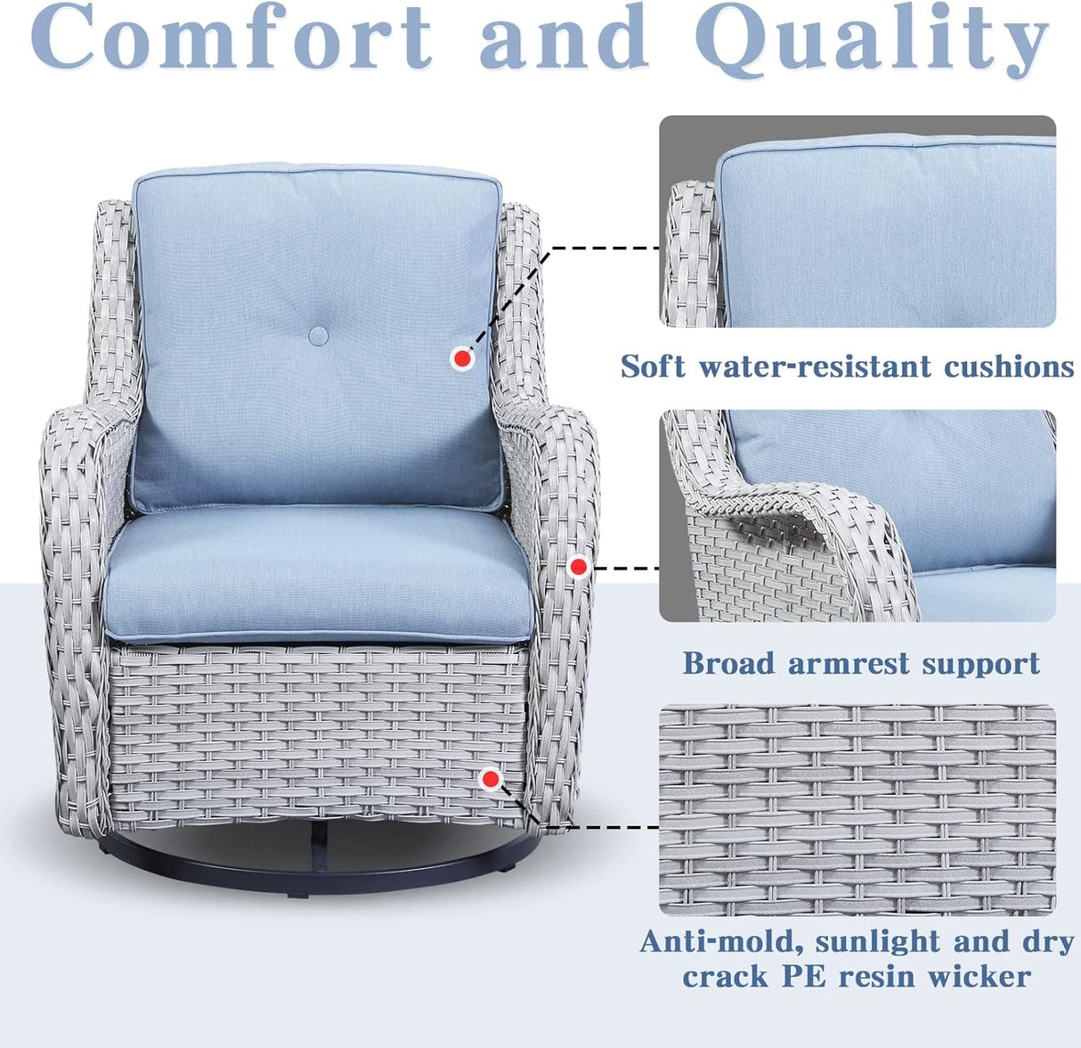 Belord Juego de muebles de patio al aire libre de 5 piezas, muebles de mimbre para conversación, sillas mecedoras giratorias para exteriores con sofá de 3 plazas y 2 otomanas para espacios pequeños, cojín azul bebé