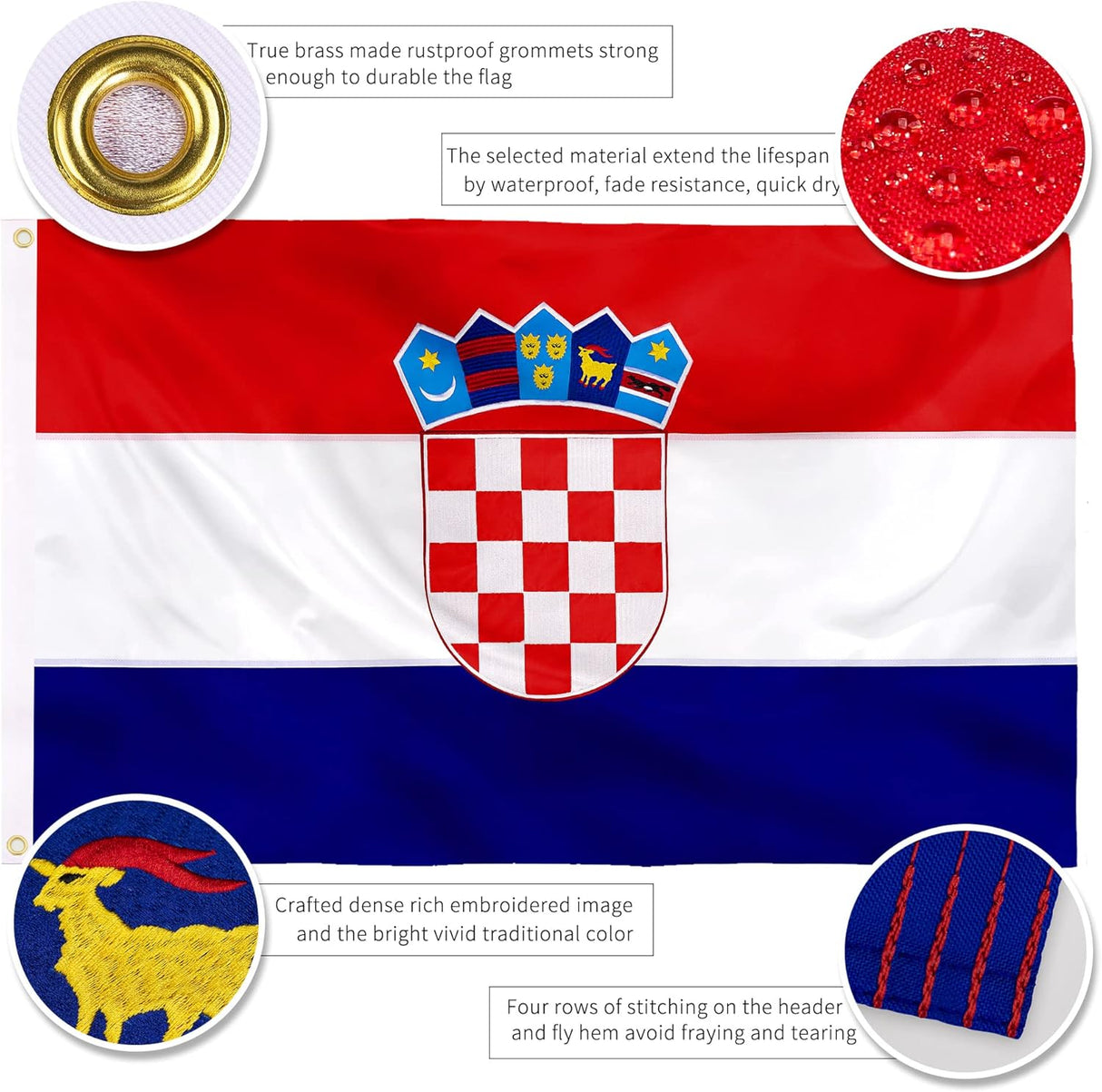 Bandera croata de alta calidad de 3 x 5 pulgadas Bordada