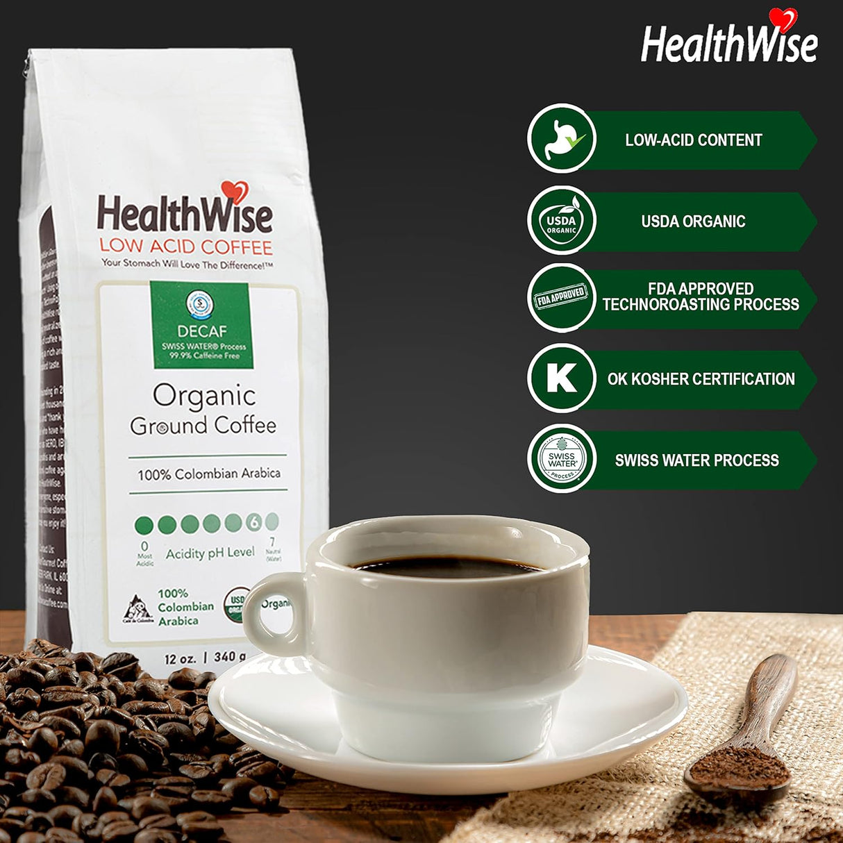 Café Molido Orgánico Bajo en Ácido HealthWise 100% Colombiano 12 oz