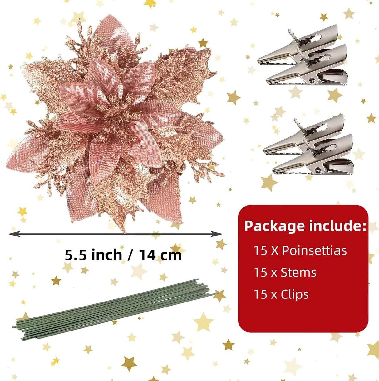 15 Piezas Flores Poinsettia Artificiales con Clips y Tallos