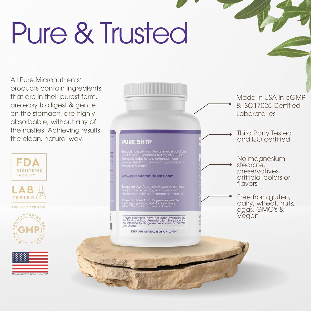 Suplemento Pure 5-HTP (5-hidroxitriptófano) Plus GABA 60un